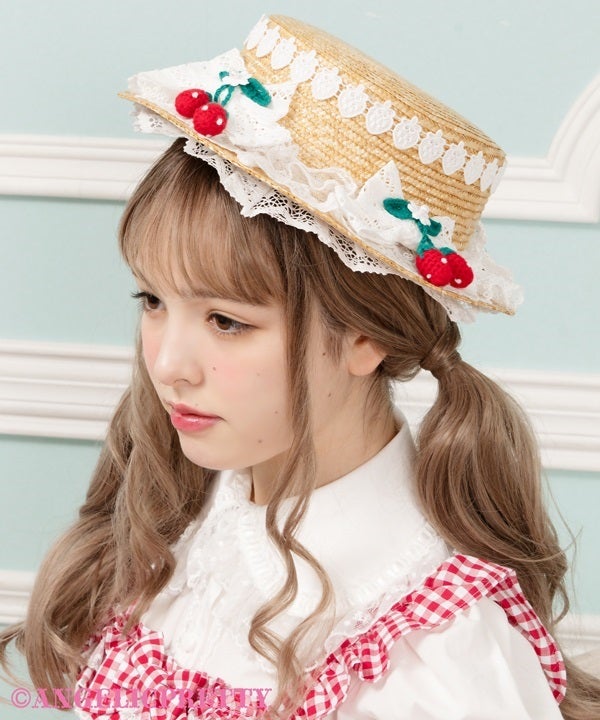 ※難あり　Angelic Pretty　麦わらハット　アカ　いちご編みぐるみ Dress-up Berry Knitted Straw Hat by Angelic Pretty