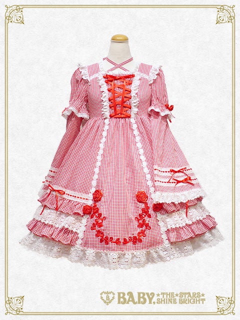 Gingham Check Creeping Rose OP and Headdress Set by Baby, the