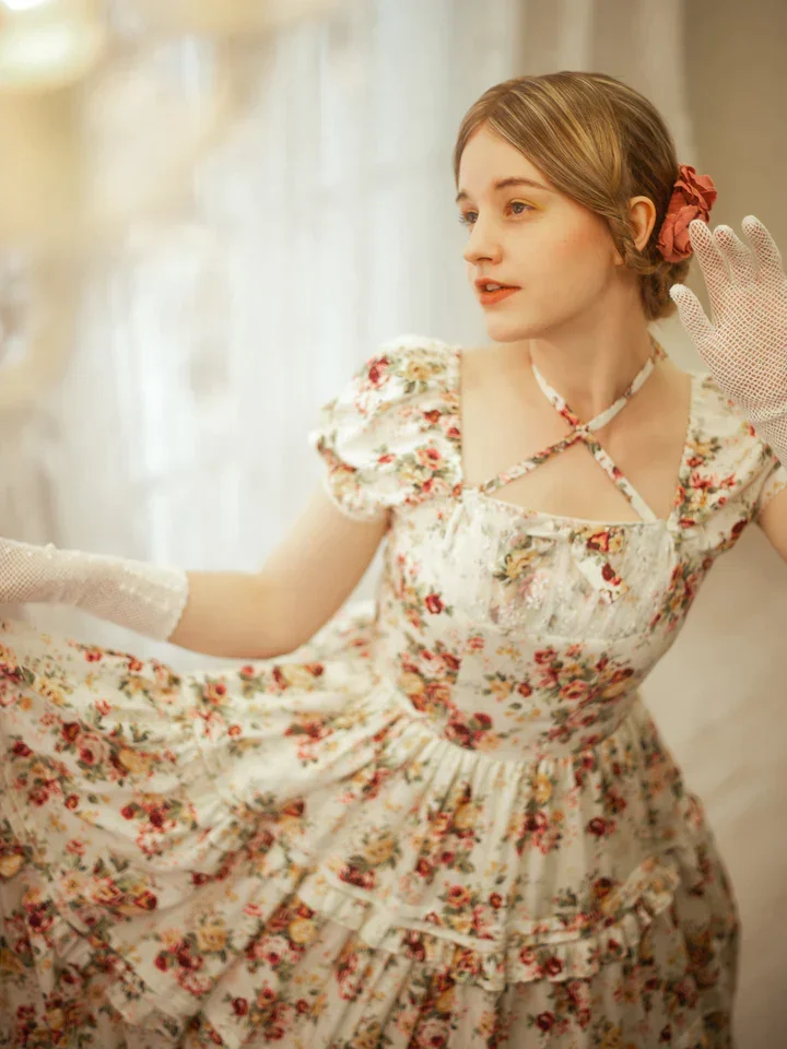 Rococo Bouquet Print Tiered Long OP by Victorian Maiden