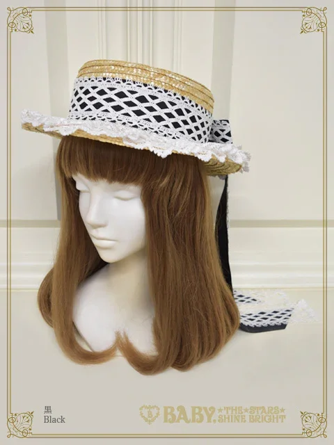 値下げしました！ KAMAROAN Gourd Hat リボン付きベージュ Torchon Lace and Grosgrain Ribbon Boater Hat by Baby, the Stars