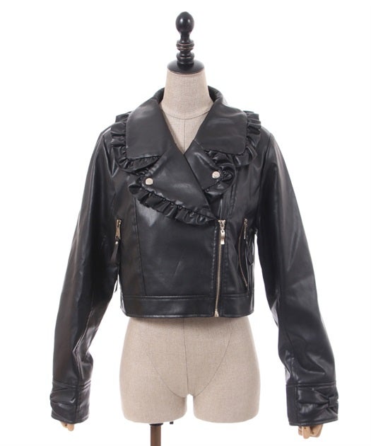 axes femme kawaii フリル合皮ライダース Kawaii - Frill Faux Leather Rider Jacket by Axes Femme