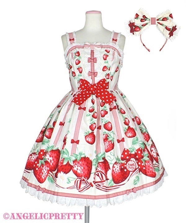 Angelic Pretty 摘みたて いちごJSK カチューシャ　赤 Freshly Picked Strawberries JSK Set (2025) by Angelic Pretty