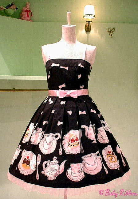 Tea Cup Print Ribbon Belt Sleeveless JSK by Emily Temple Cute