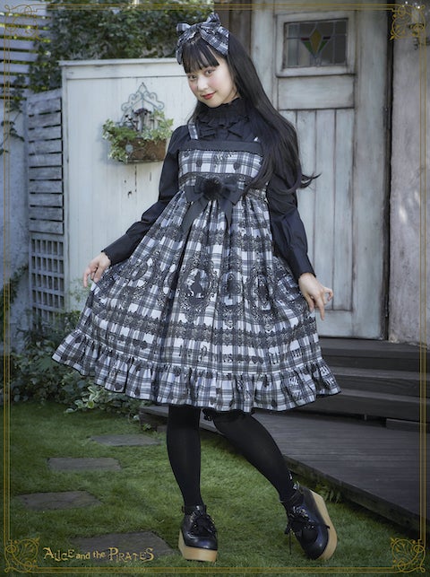 アリスのトランプレースタータン柄プリーツスカート(グレー) Alice's Cards Lace Tartan Check JSK II by Alice and the Pirates