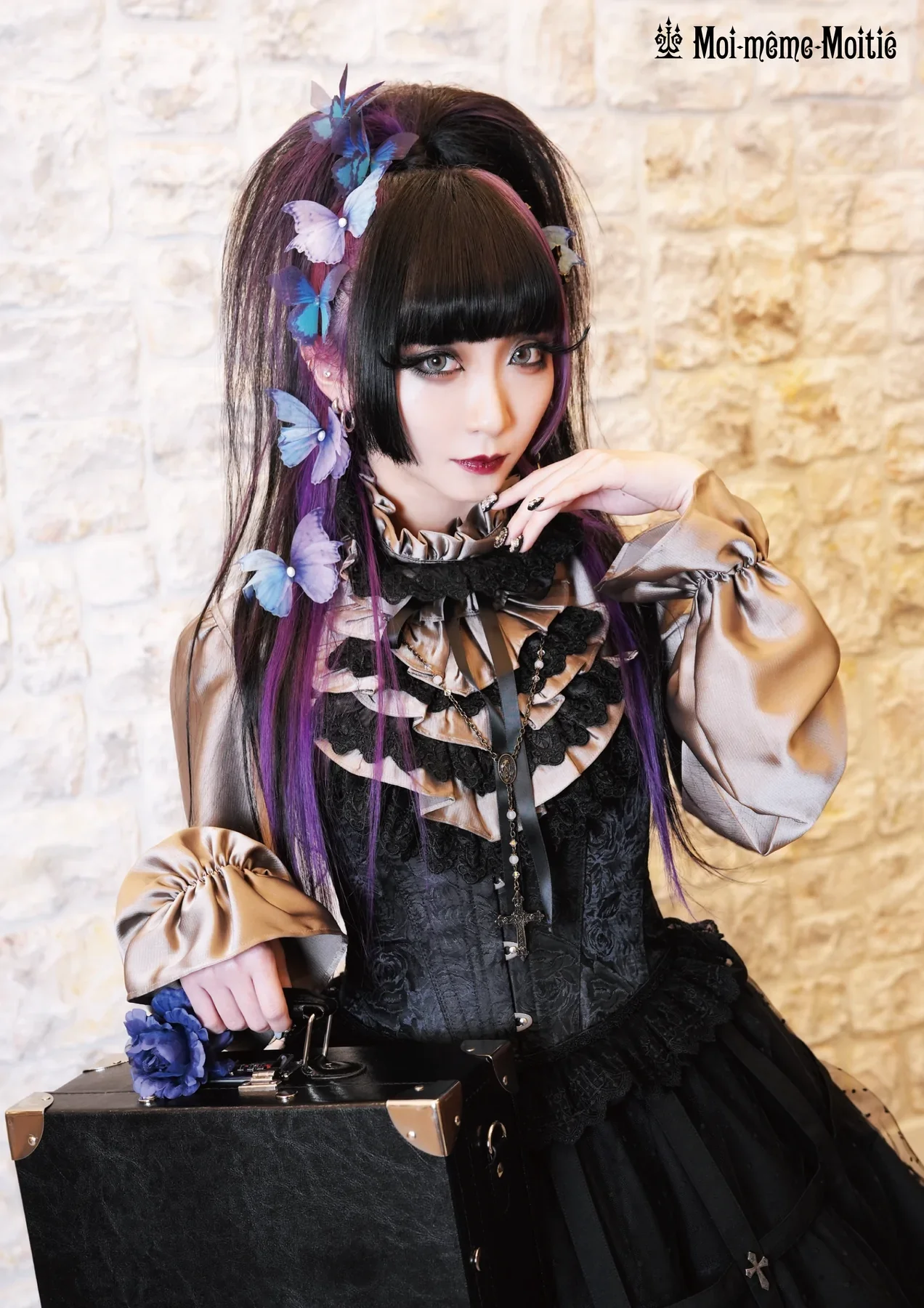 Moi-meme-Moitie ストライプジャボ付きブラウス 黒 9号 Blouse with Striped Jabot (Size 9) by Moi-même-Moitié