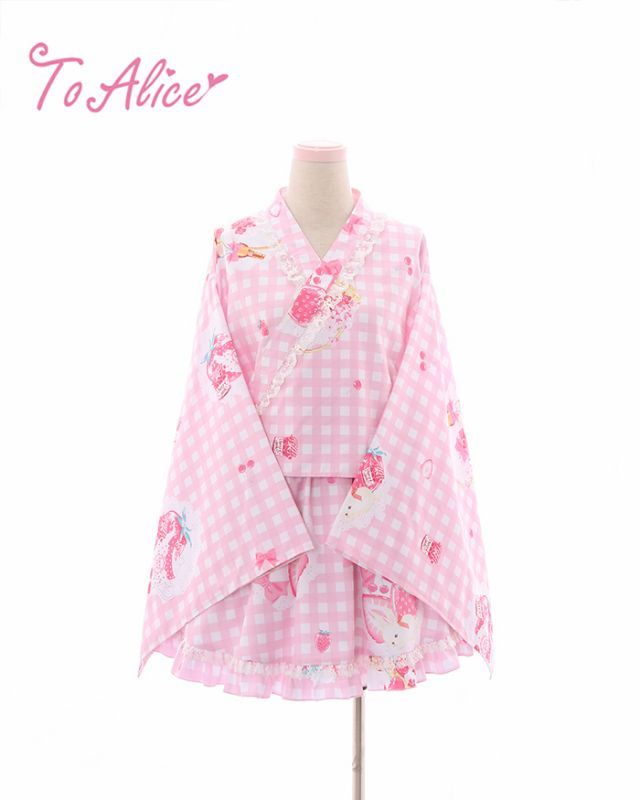 To Alice 浴衣・帯セット チェック柄 ToAlice C2167 Strawberry Gingham Check Yukata Set by Chinese Indie