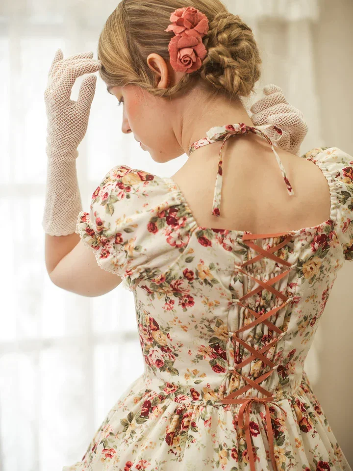Rococo Bouquet Print Tiered Long OP by Victorian Maiden