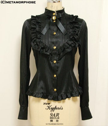 High Collar Frill Blouse with Ribbon Brooch (Stripe Satin Jacquard