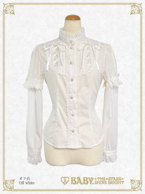 BABY, THE STARS SHINE BRIGHT　長袖ブラウス　白 Snow White ♡ Lace up Stand-up Collar Blouse by Baby, the Stars