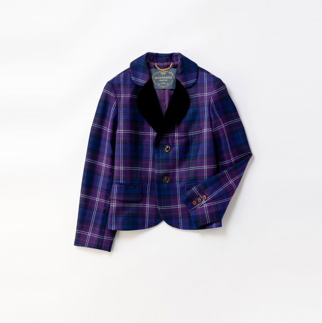 極美品jane marple ウール中キルト　タータンチェックベルベット襟コート Tartan Check Velvet Lapel Jacket by Jane Marple