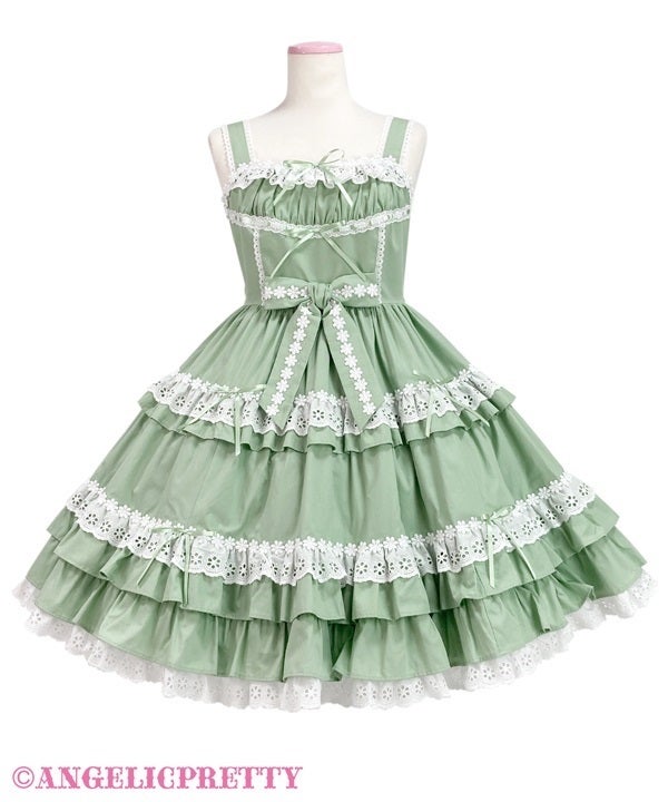 A/P セロ弾きのゴーシュ 柄 JSK Ⅱ形 グリーン Flower Lace Frill Shirring JSK by Angelic Pretty