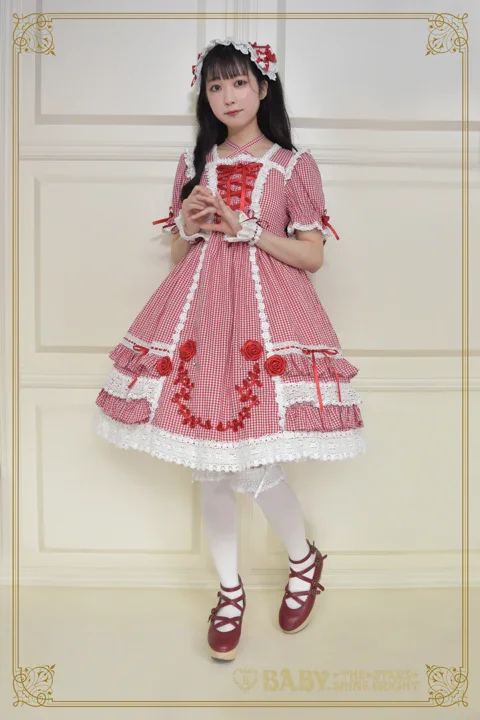 【美品セール!】baby バラリボンチェック柄ピンク Gingham Check Creeping Rose Doll OP Set (2023) by Baby, the Stars