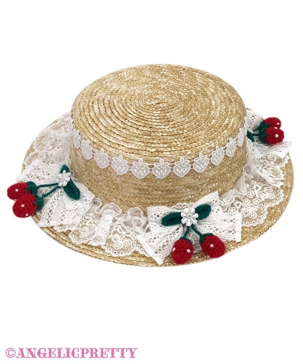 ※難あり　Angelic Pretty　麦わらハット　アカ　いちご編みぐるみ Dress-up Berry Knitted Straw Hat by Angelic Pretty