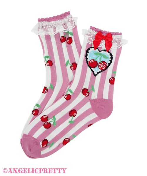 Cherry Stamp Crew Length Socks by Angelic Pretty