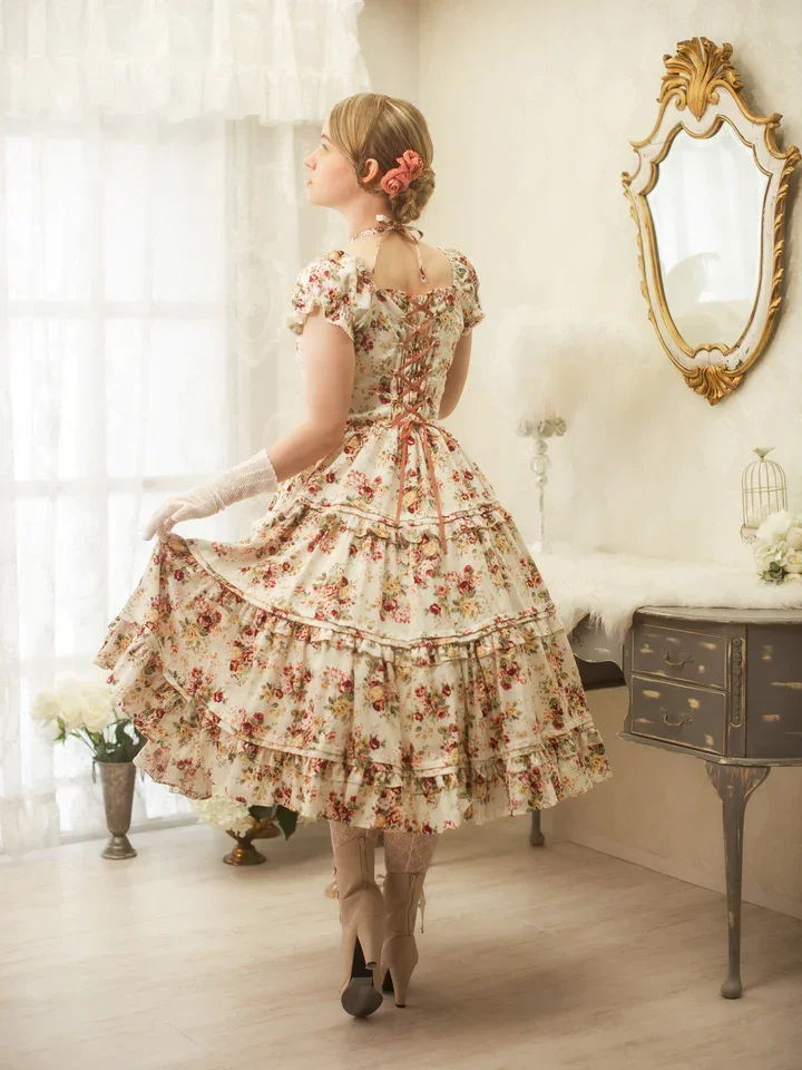 Rococo Bouquet Print Tiered Long OP by Victorian Maiden