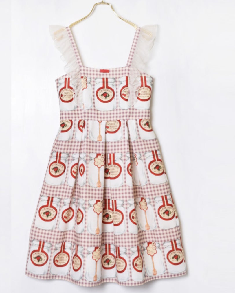 美品☆シャーリーテンプル♪ジャム瓶柄 JSK アイボリー 白 130 エプロン付 JAM Gingham Tulle JSK by Emily Temple Cute
