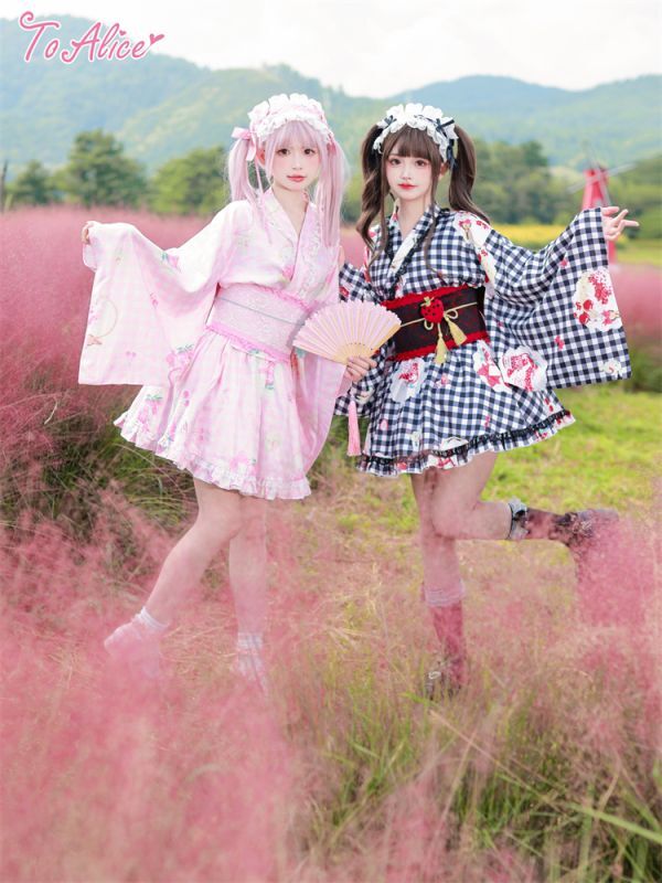 ToAlice C2167 Strawberry Gingham Check Yukata Set by Chinese Indie