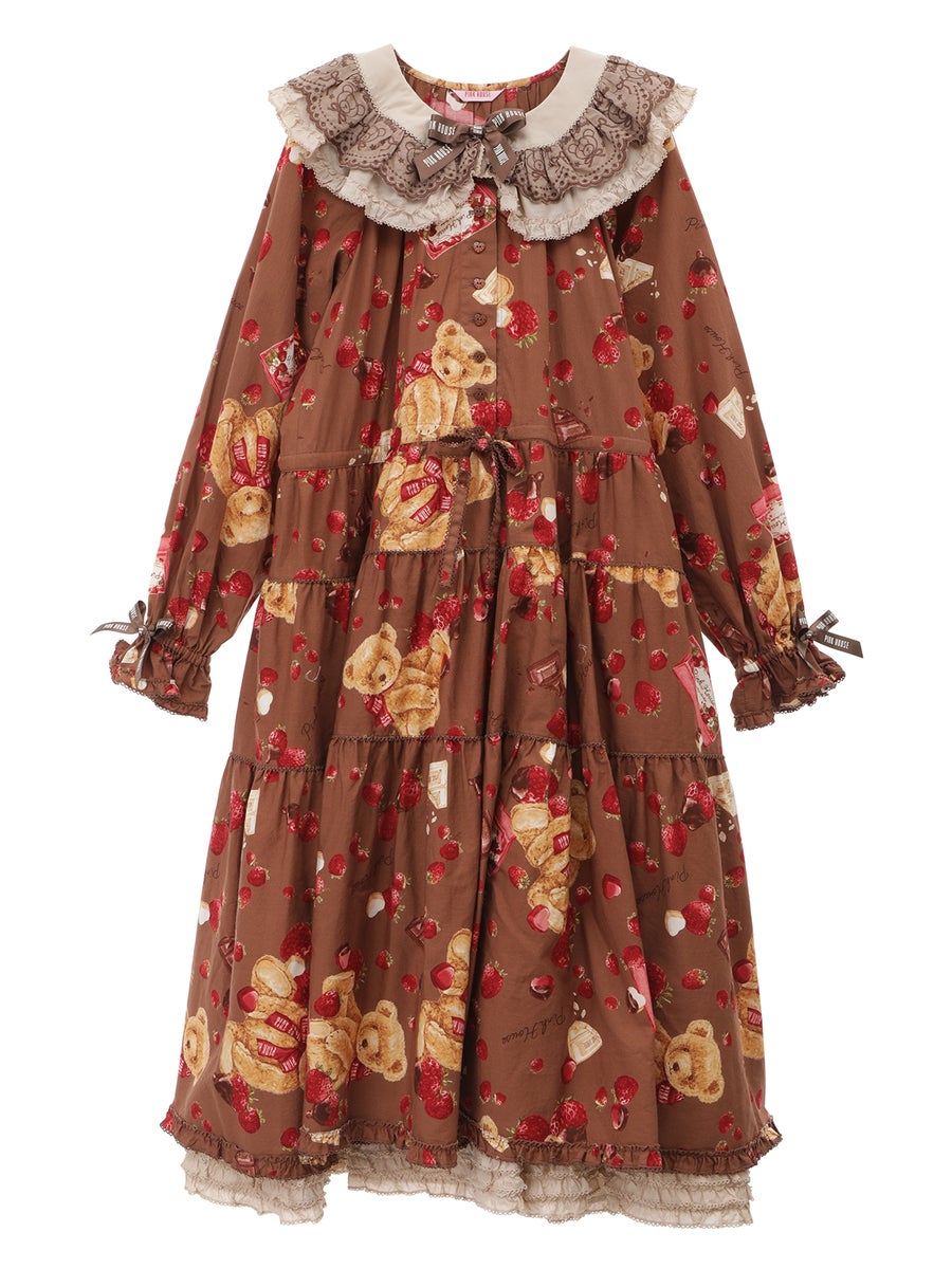 PINK HOUSE×Misako Aoki] Strawberry Choco Bear Print Midi OP by