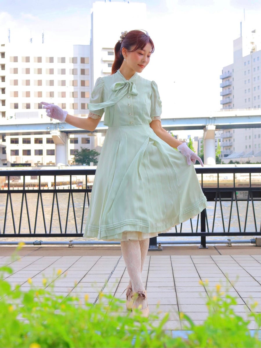 Sheer Stripe Ribbon Tie Dress (2022) by Victorian Maiden