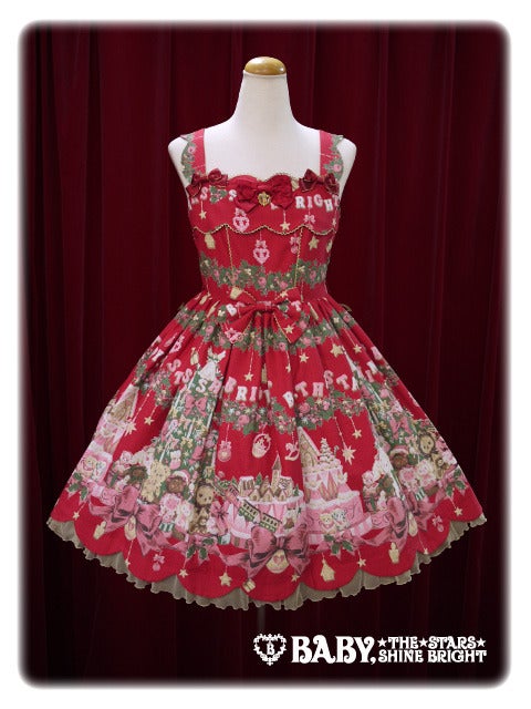 BABYくみゃちゃんたちのChristmas Holly Night 柄JSK黒 Kumya chan's Christmas Holly Night Scallop JSK by Baby, the Stars