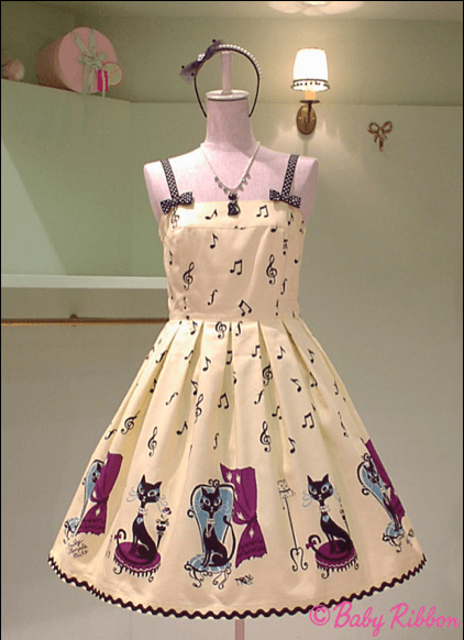 Music Note and Cat Print Polka Dot Ribbon Sleeveless OP by Emily