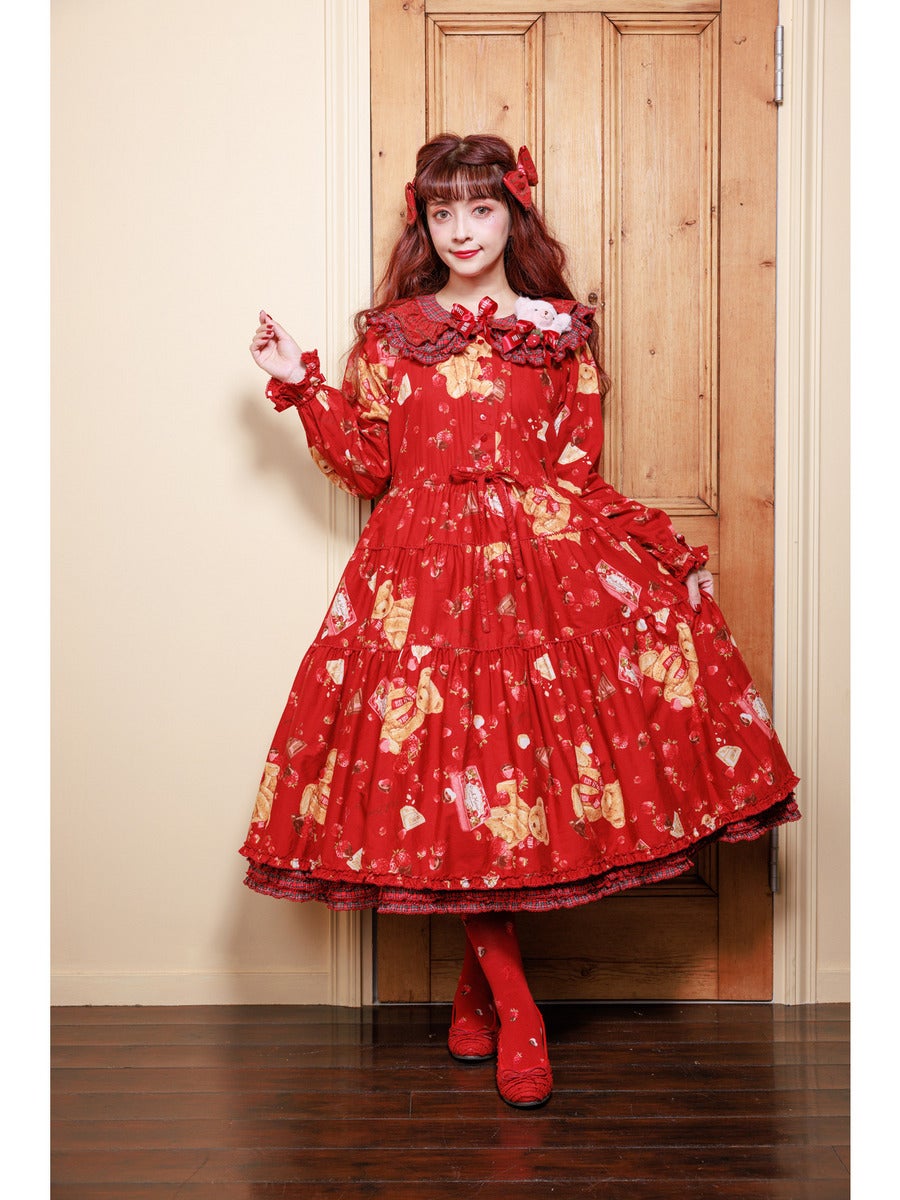 PINK HOUSE×Misako Aoki] Strawberry Choco Bear Print Midi OP by