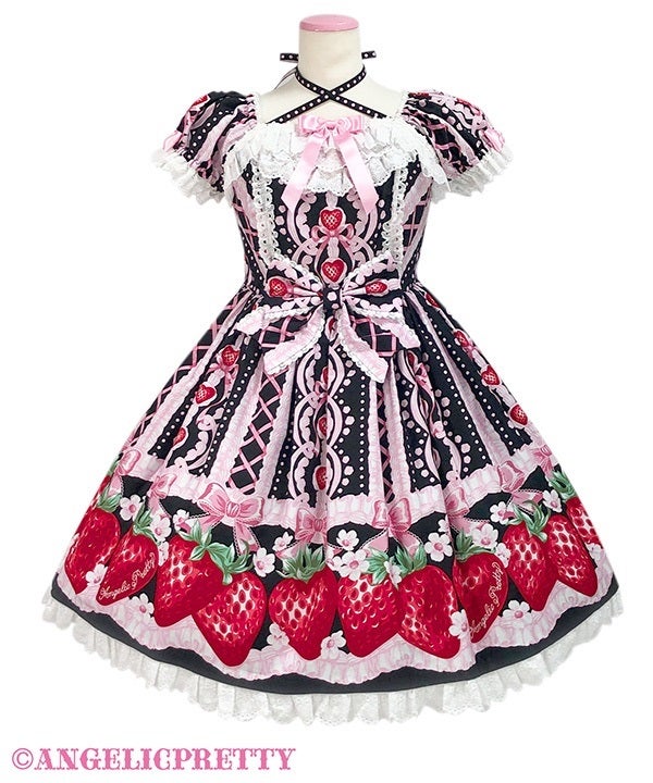 今日まで出品 新品 未使用 いちご薔薇の壁紙模様ワンピース Decoration Strawberry OP by Angelic Pretty