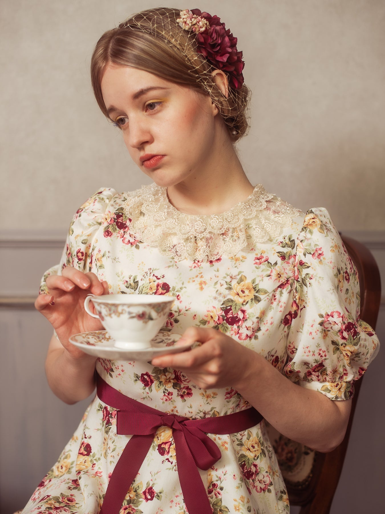 bouquet de muguet りんごモチーフワンピース Rococo Bouquet Print Bisque Doll OP by Victorian Maiden