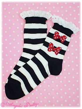 Stripe Ribbon Crew Length Socks by Angelic Pretty