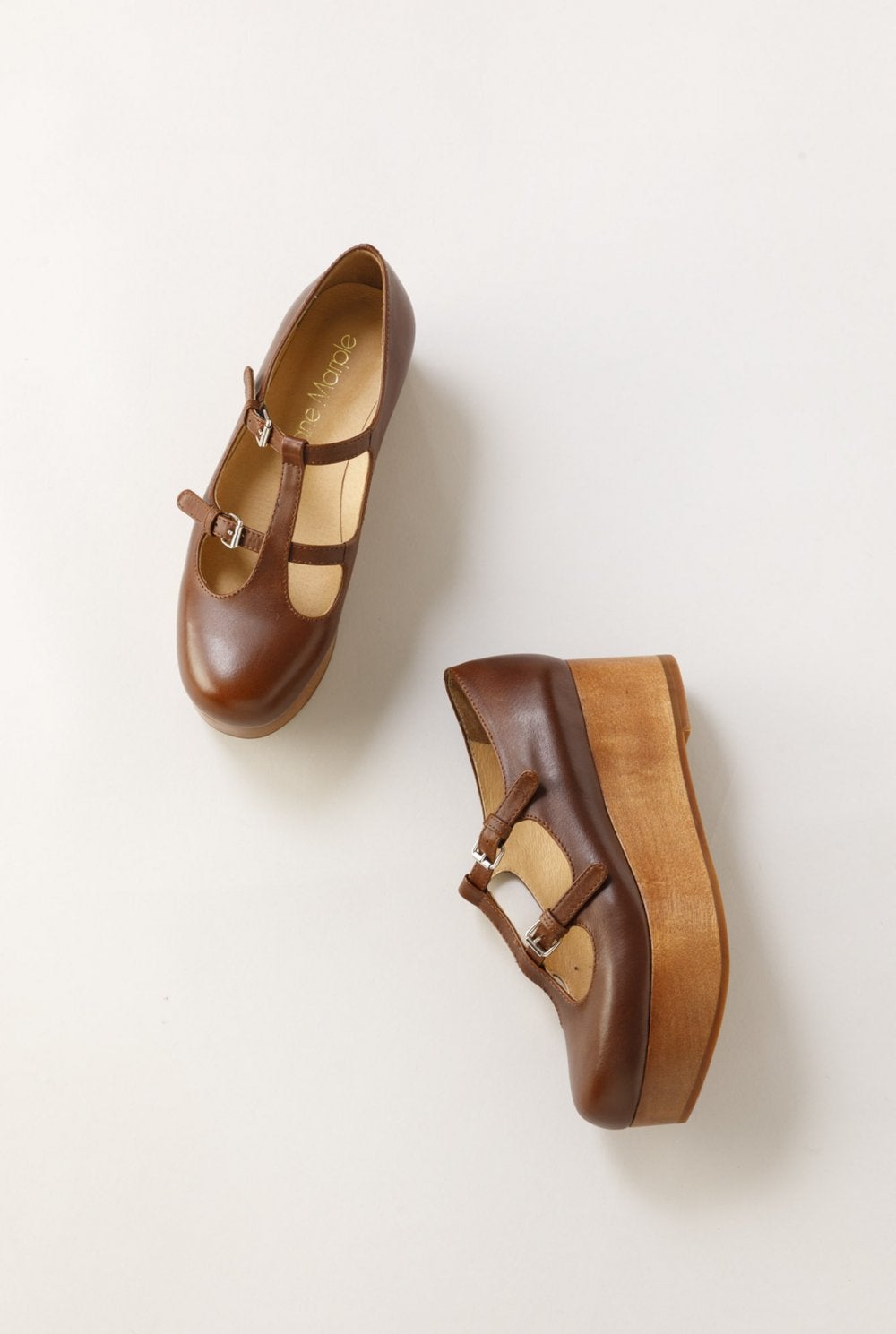 Jane Maple 靴　ウッドソール2ストラップシューズ　ブラウン jygzAupkBVzET1ly8Ox5QqSVB3NUoh