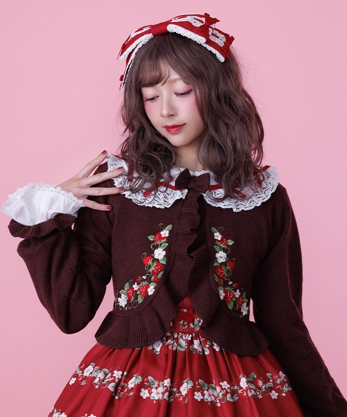 アメノチハレ【Machine-washable】ティアードニットボレロ Chalmiere ~ Strawberry Embroidery Knit Bolero by Axes Femme