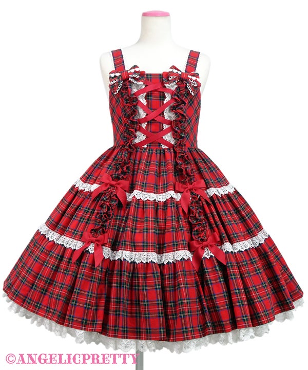 Angelic Pretty 赤　チェック　 リボン フリル　ジャンパースカート Tartan Check Shoulder Ribbon JSK (2022) by Angelic Pretty