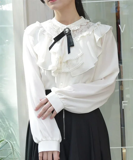 Frill Blouse with Jabot Brooch by Axes Femme