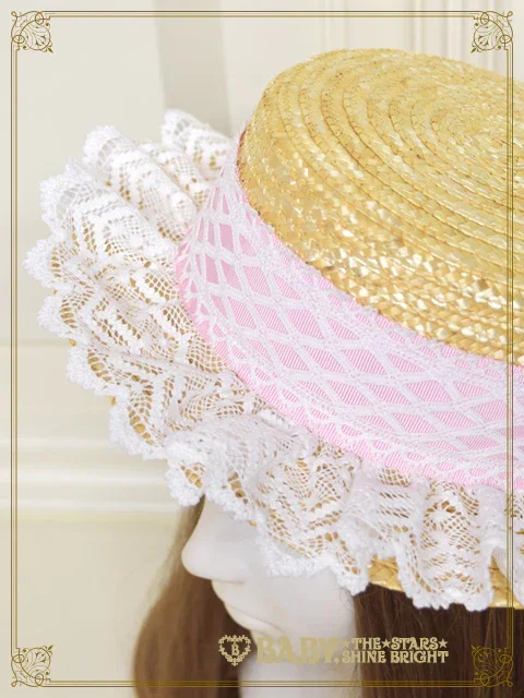 鳳*m様 トーションレースとグログランリボンのカンカン帽 エンジ Torchon Lace and Grosgrain Ribbon Boater Hat by Baby, the Stars