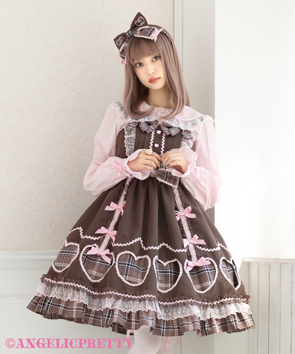 Angelic Pretty✦お菓子の国オーバーニー✦ブラウン✦茶色 Heartful Check JSK by Angelic Pretty