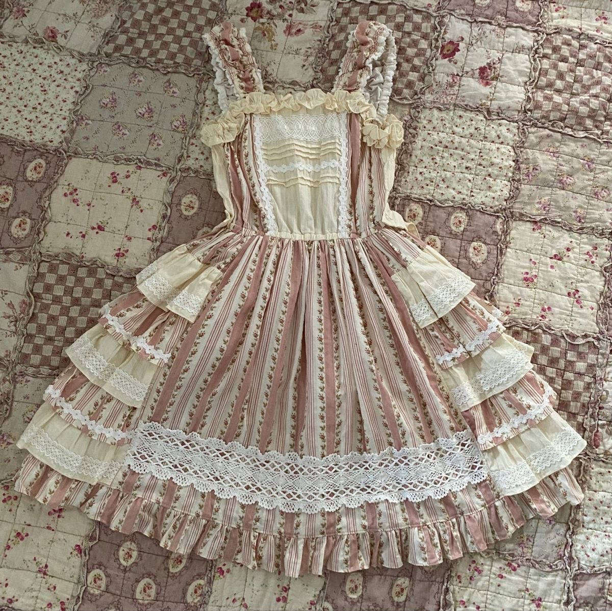 Striped Rose Tiered Ruffle JSK by Chocochip Cookie